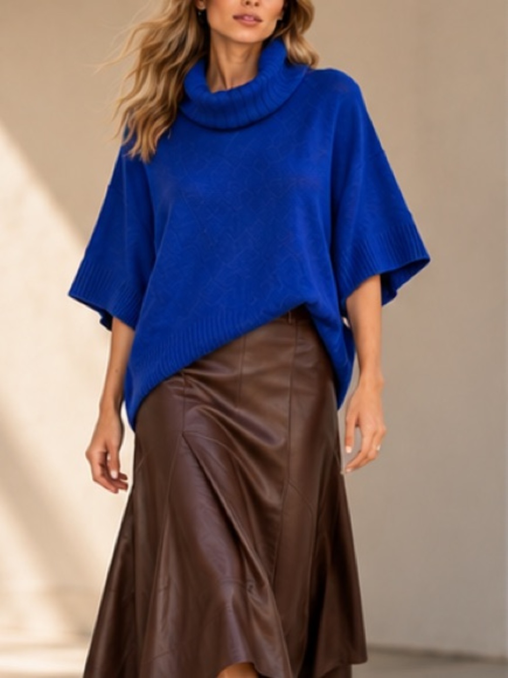 Cullen 100% Cashmere Oversized Draped Poncho Turtleneck Cobalt M L
